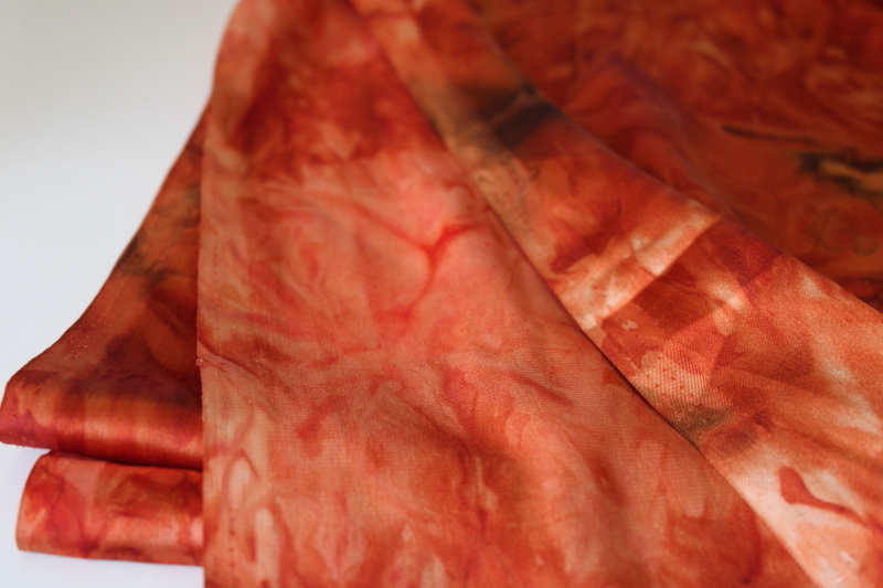 photo of vintage poly satin charmeuse fabric, art dyed marbled print in russet & golden orange #2