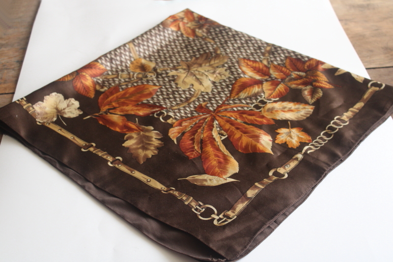 photo of vintage poly silk scarf, autumn leaves equestrian style hardware print large 54 inch square scarf  #1