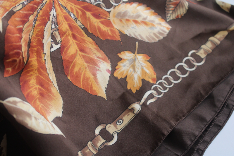 photo of vintage poly silk scarf, autumn leaves equestrian style hardware print large 54 inch square scarf  #3