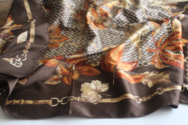 photo of vintage poly silk scarf, autumn leaves equestrian style hardware print large 54 inch square scarf  #4