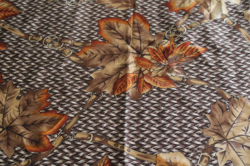 photo of vintage poly silk scarf, autumn leaves equestrian style hardware print large 54 inch square scarf  #5