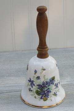 catalog photo of vintage porcelain bell, Royal Grafton bone china Jacobean bell w/ wood handle English violets