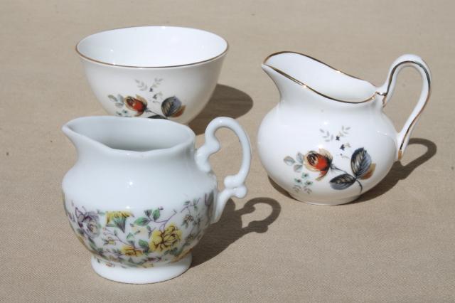 photo of vintage porcelain mini cream pitchers, chintz & English bone china creamer & sugar set #1