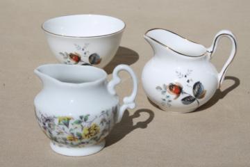 catalog photo of vintage porcelain mini cream pitchers, chintz & English bone china creamer & sugar set