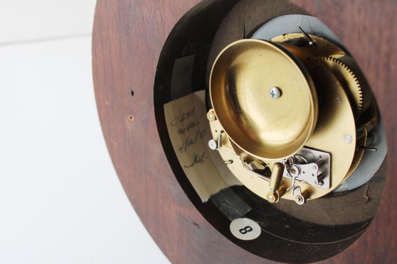 photo of vintage porthole wall clock, solid brass & walnut case, mechanical movement w/ key, Wuersch - Falls River, Mass #2