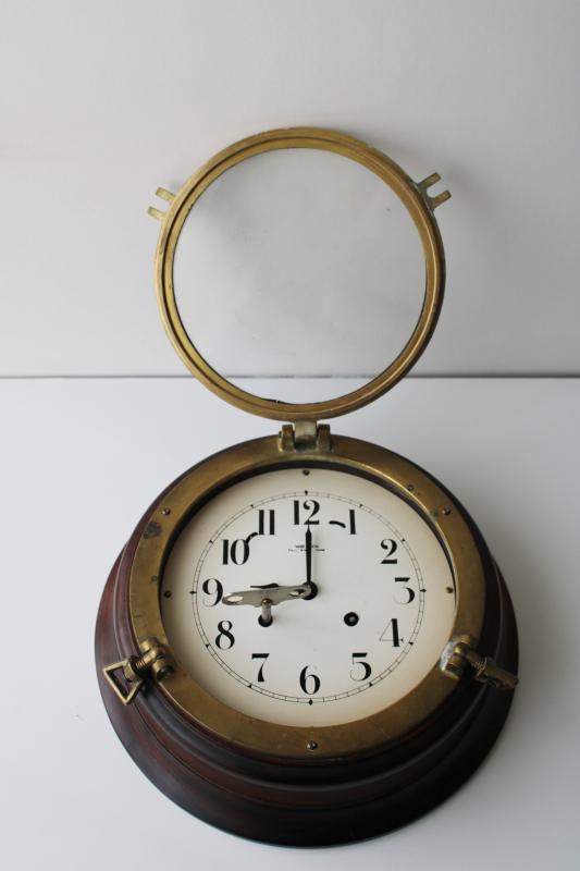 photo of vintage porthole wall clock, solid brass & walnut case, mechanical movement w/ key, Wuersch - Falls River, Mass #7