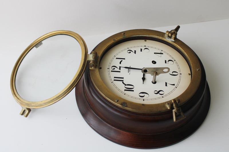 photo of vintage porthole wall clock, solid brass & walnut case, mechanical movement w/ key, Wuersch - Falls River, Mass #8