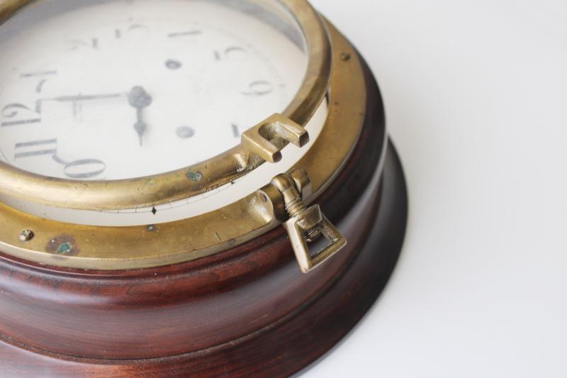photo of vintage porthole wall clock, solid brass & walnut case, mechanical movement w/ key, Wuersch - Falls River, Mass #9