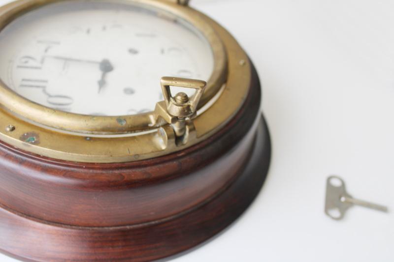 photo of vintage porthole wall clock, solid brass & walnut case, mechanical movement w/ key, Wuersch - Falls River, Mass #10