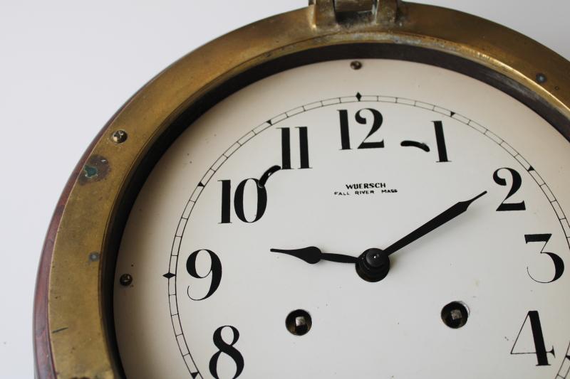 photo of vintage porthole wall clock, solid brass & walnut case, mechanical movement w/ key, Wuersch - Falls River, Mass #12