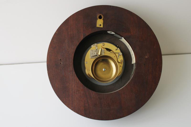 photo of vintage porthole wall clock, solid brass & walnut case, mechanical movement w/ key, Wuersch - Falls River, Mass #13