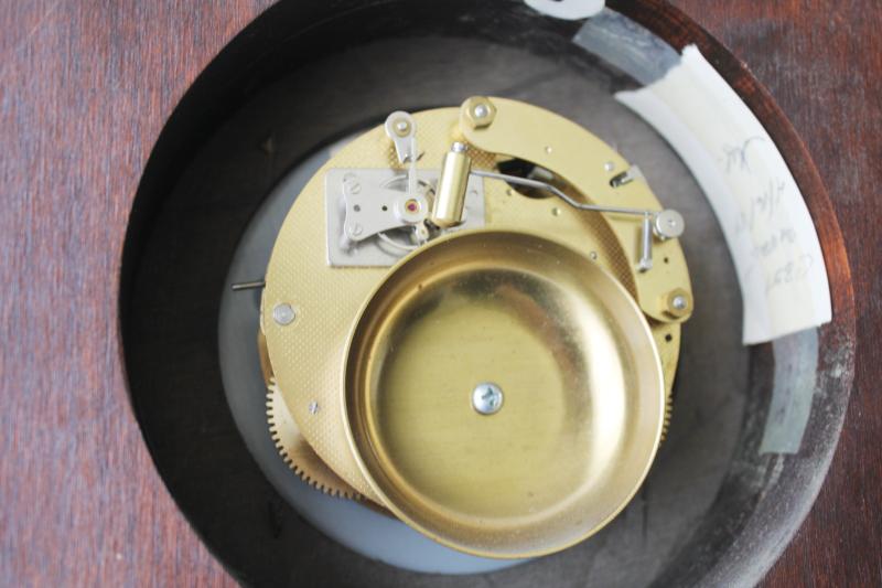 photo of vintage porthole wall clock, solid brass & walnut case, mechanical movement w/ key, Wuersch - Falls River, Mass #14
