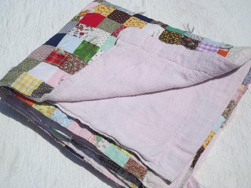 photo of vintage postage stamp patchwork quilt, 60s retro bright colored blocks #2