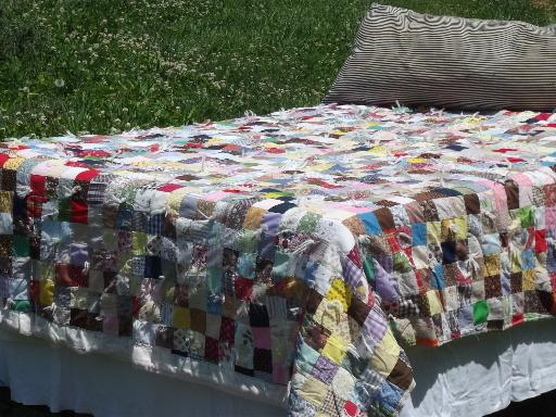 photo of vintage postage stamp patchwork quilt, 60s retro bright colored blocks #3