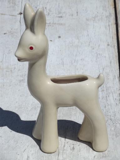 photo of vintage pottery deer planter, wide-eyed young doe fawn, unmarked Shawnee? #1