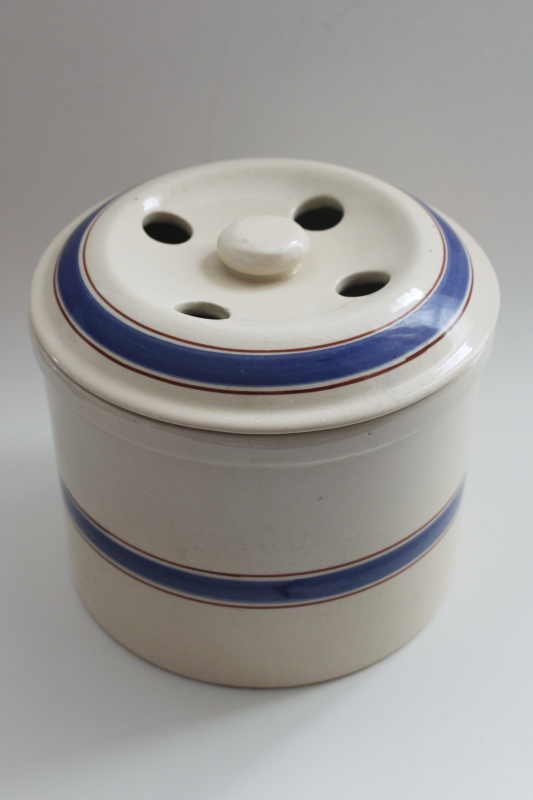 photo of vintage pottery garlic keeper crock, primitive country stoneware style blue brown band #1