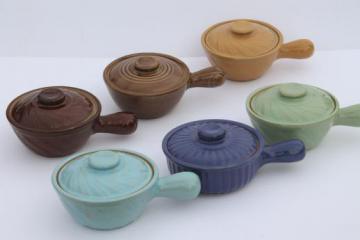 catalog photo of vintage pottery onion soup bowls, stick handle casserole dishes w/ lids