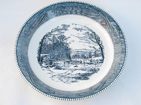 photo of vintage pottery pie plate, blue & white Currier and Ives scene, Royal china #1