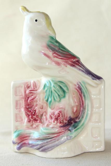 photo of vintage pottery planter or wall pocket vase, little parrot long tailed bird #2