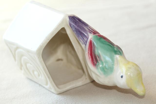 photo of vintage pottery planter or wall pocket vase, little parrot long tailed bird #6