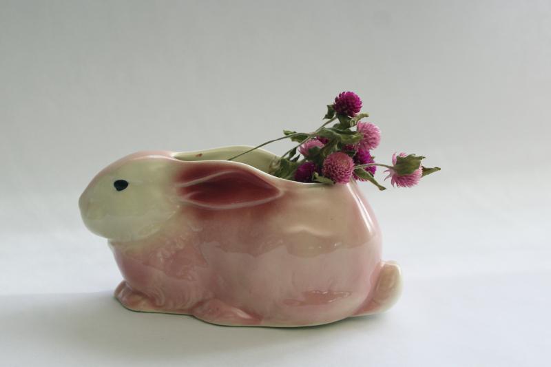 photo of vintage pottery planter pink & white rabbit, Easter bunny for spring decor #1