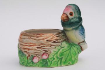 catalog photo of vintage pottery planter w/ small parrot bird, hand painted ceramic made in Japan