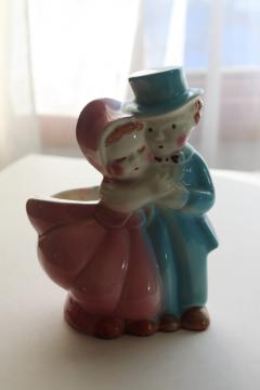 catalog photo of vintage pottery planter, sweet baby childhood sweethearts couple retro wedding decor