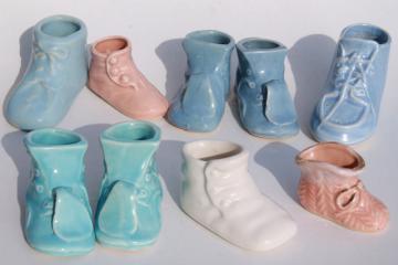 catalog photo of vintage pottery planters, collection of pink & blue shoes booties, baby shower decorations