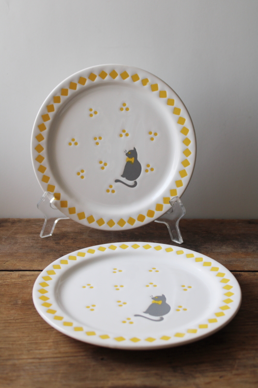 photo of vintage pottery plates rare black cat w/ bow, yellow checkerboard french country cottage style #1