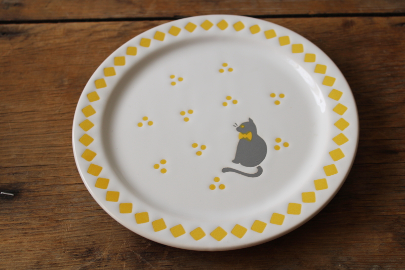 photo of vintage pottery plates rare black cat w/ bow, yellow checkerboard french country cottage style  #2