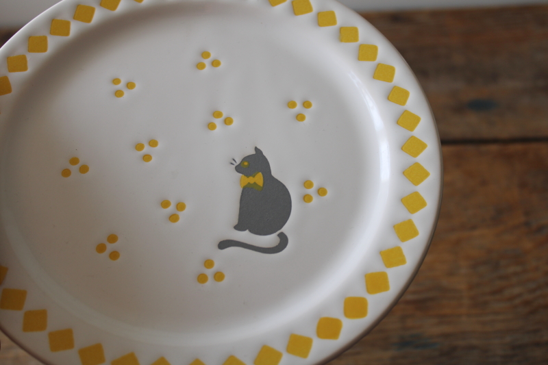 photo of vintage pottery plates rare black cat w/ bow, yellow checkerboard french country cottage style  #5