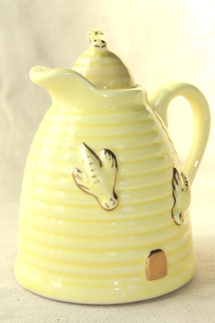 photo of vintage pottery syrup pitcher, bee hive skep w/ honey bees #1