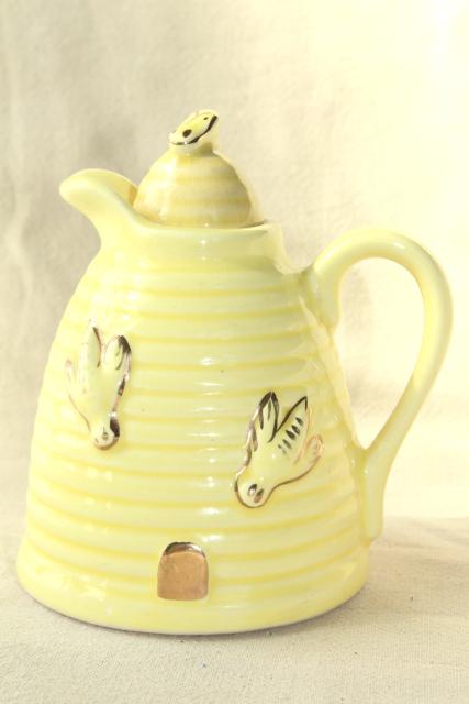 photo of vintage pottery syrup pitcher, bee hive skep w/ honey bees #2