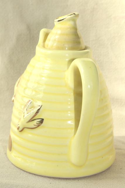 photo of vintage pottery syrup pitcher, bee hive skep w/ honey bees #3