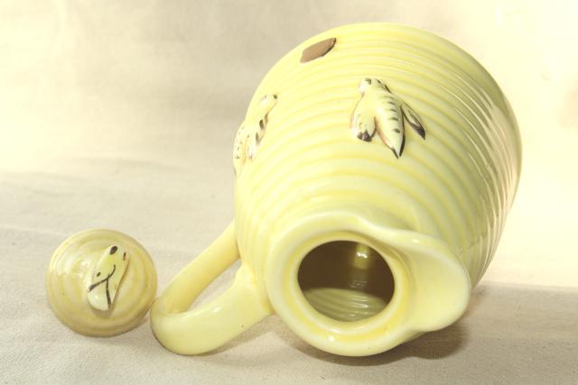 photo of vintage pottery syrup pitcher, bee hive skep w/ honey bees #6