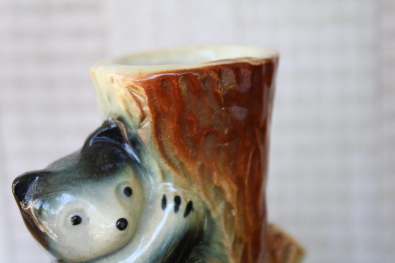 photo of vintage pottery vase w/ bear cubs in tree, rustic north woods cabin camp decor #3