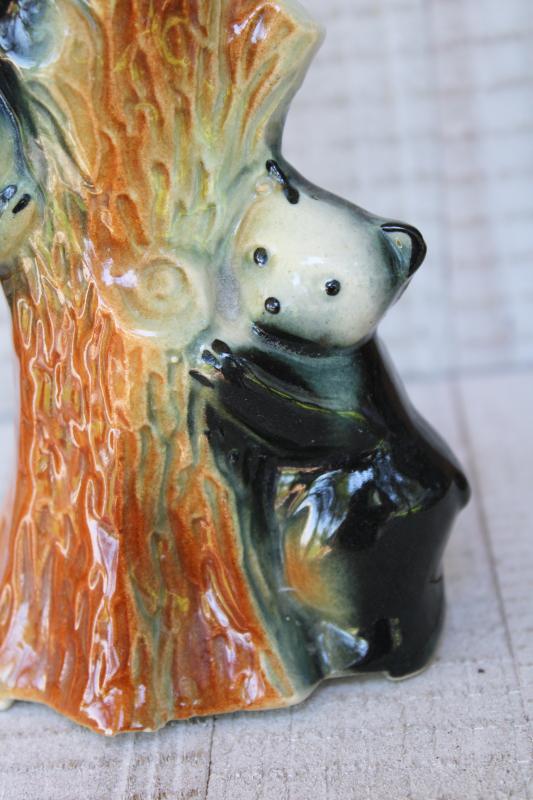 photo of vintage pottery vase w/ bear cubs in tree, rustic north woods cabin camp decor #4