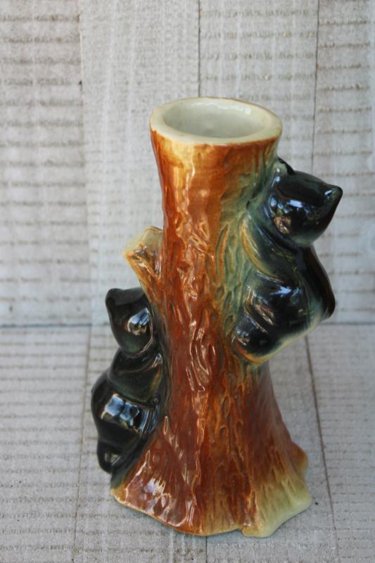 photo of vintage pottery vase w/ bear cubs in tree, rustic north woods cabin camp decor #5