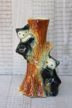 catalog photo of vintage pottery vase w/ bear cubs in tree, rustic north woods cabin camp decor