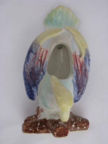 photo of vintage pottery wall pocket vase, hand-painted parrot bird planter #2