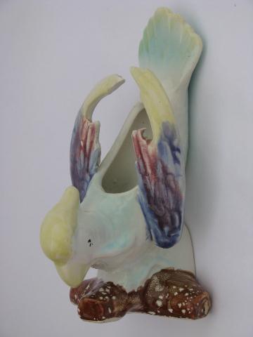 photo of vintage pottery wall pocket vase, hand-painted parrot bird planter #3