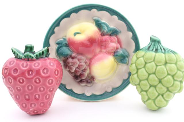 photo of vintage pottery wall pocket vases, Royal Copley china fruit plate, grapes, strawberry #1