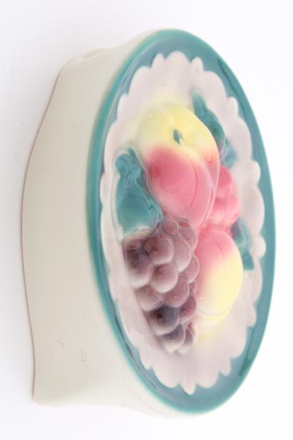 photo of vintage pottery wall pocket vases, Royal Copley china fruit plate, grapes, strawberry #6