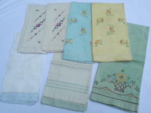 photo of vintage powder room guest towel lot, cotton & linen towels w/ embroidery #1