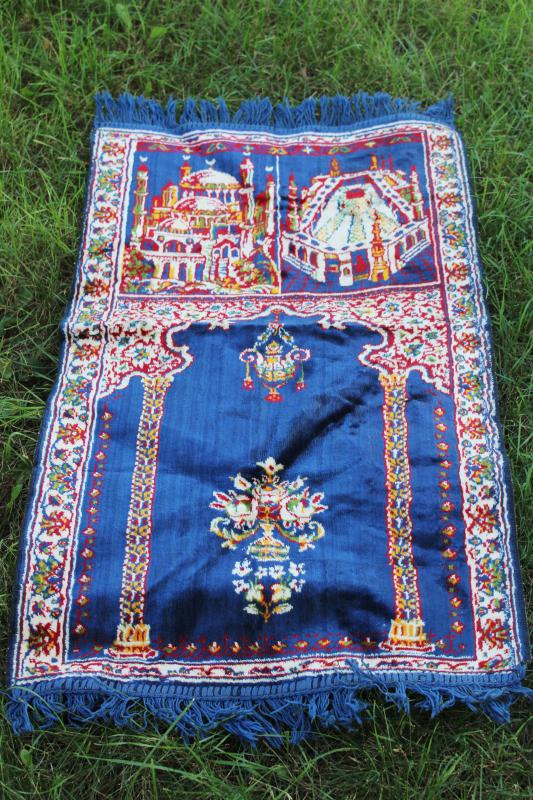 photo of vintage prayer rug or wall hanging, silky rayon Turkish carpet w/ fringe #1