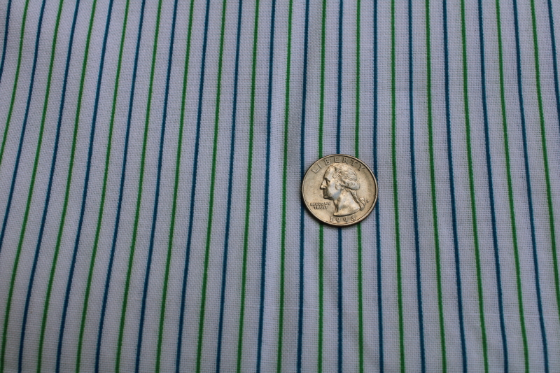 photo of vintage preppy style linen weave cotton poly fabric, blue & green stripes on white #1