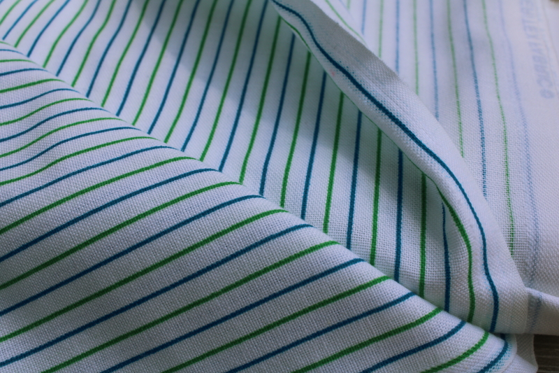 photo of vintage preppy style linen weave cotton poly fabric, blue & green stripes on white #2