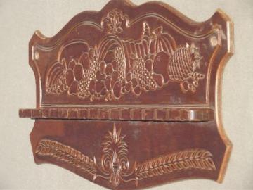 catalog photo of vintage pressback wood spoon holder wall rack, cornucopia horn of plenty