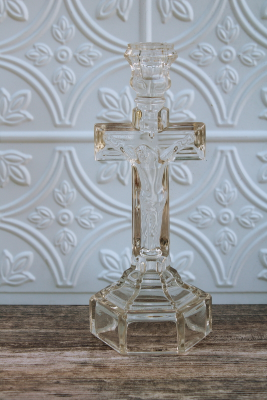 photo of vintage pressed glass Crucifix cross candlestick, tall candle holder for altar or shrine #1