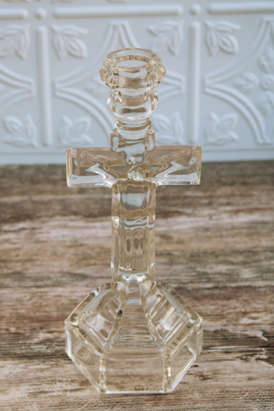 photo of vintage pressed glass Crucifix cross candlestick, tall candle holder for altar or shrine #3